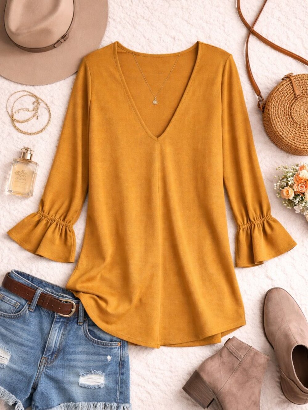 Michael Kors Mustard Yellow Blouse 2X Bell Sleeve V Neck Boho Tunic Top